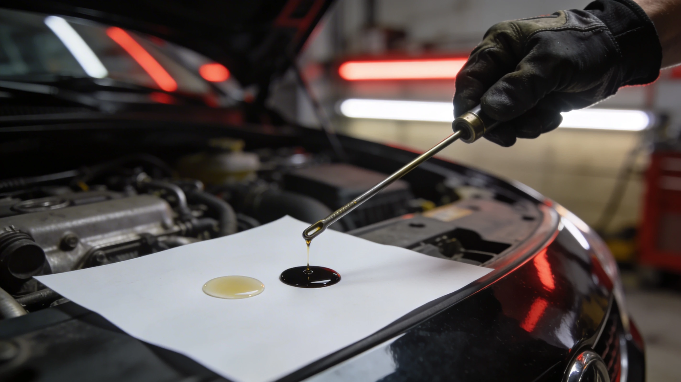 Проверка состояния моторного масла щупом и каплей на белой бумаге