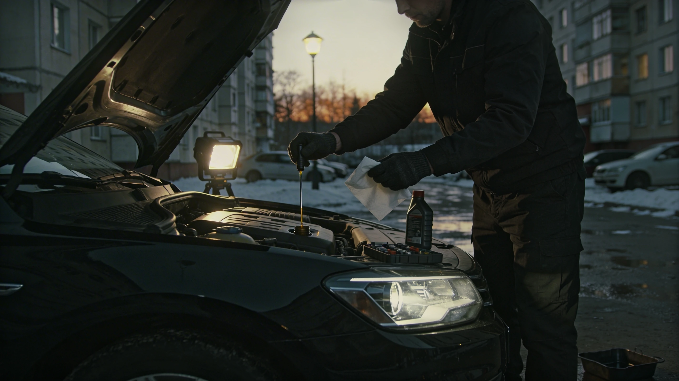 Владелец самостоятельно проверяет уровень моторного масла щупом под капотом автомобиля