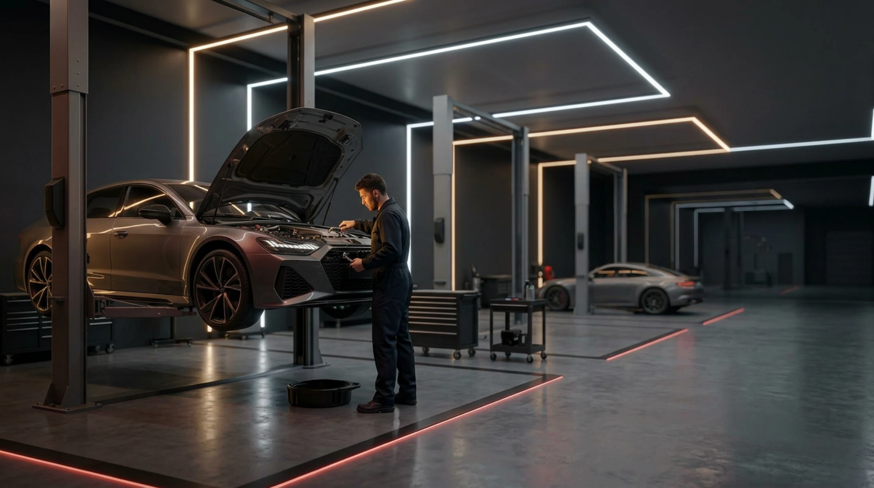 Процесс замены моторного масла в сервисе на территории Автомолл Север